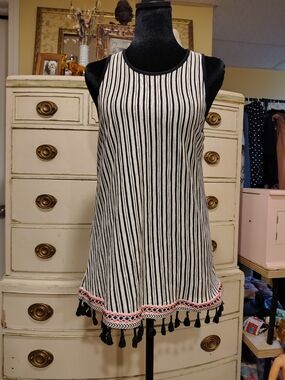 Vintage 90s W5 Black White Stripe Tassel Hem Mini Dress Boho Festival Swing Size